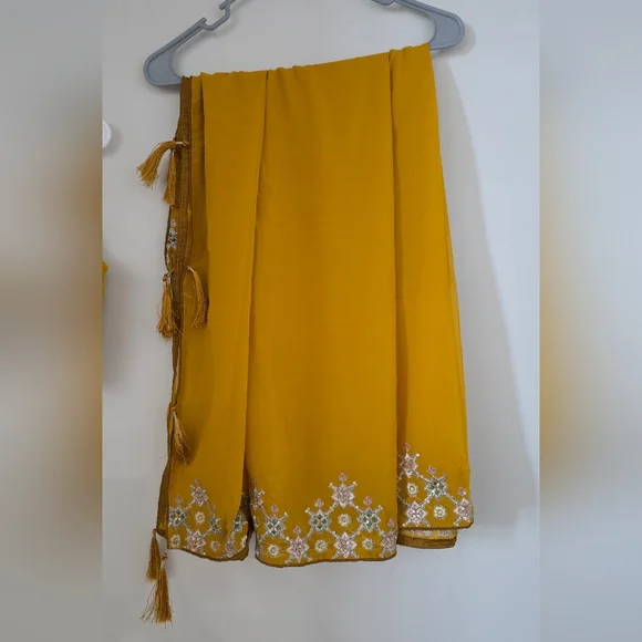 Yellow Sequined Embroidered Work Faux Georgette Fabric Flared Lehenga Choli - Picture 13 of 14